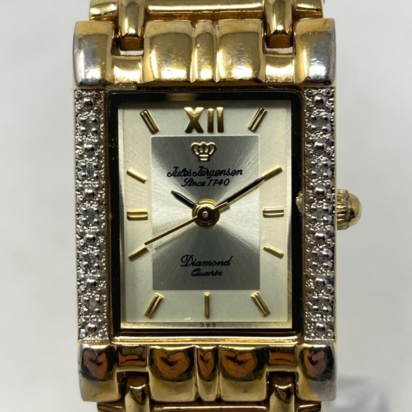Vtg Jules Jurgensen Diamond Tank Watch Women 19mm Gold Tone New Battery 7.25" - Picture 3 of 16